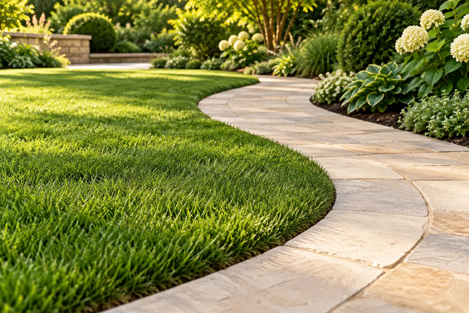 Illustrative close view of a neatly edged lawn meeting a garden path