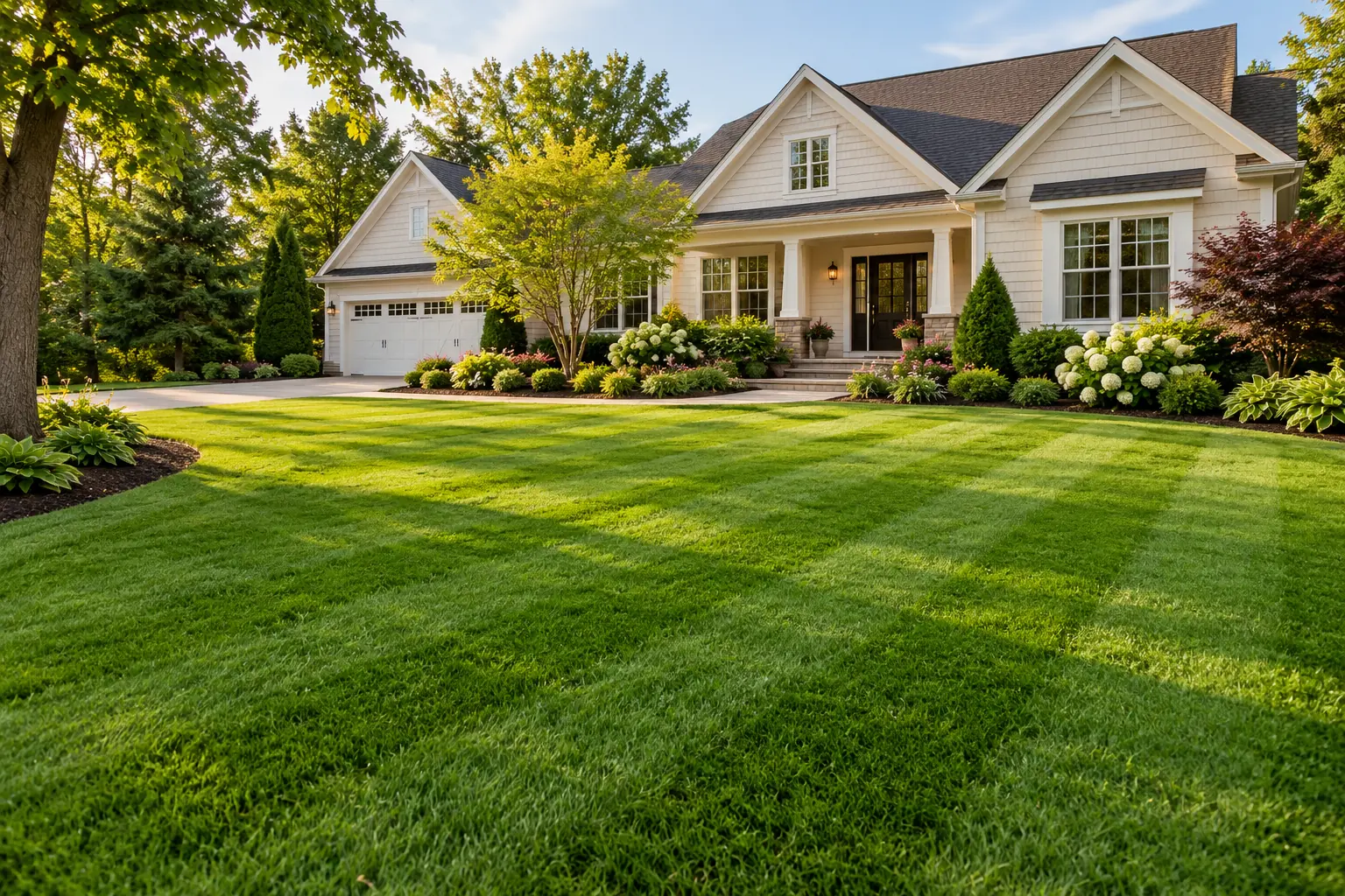 Illustrative freshly mown lawn with clean stripes beside a planted garden